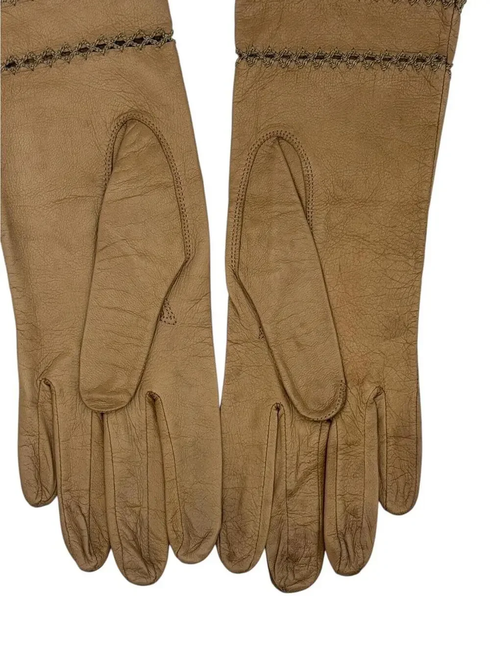 Vintage Soft Light Brown Leather Gloves with Embroidery, Gauntlet Length